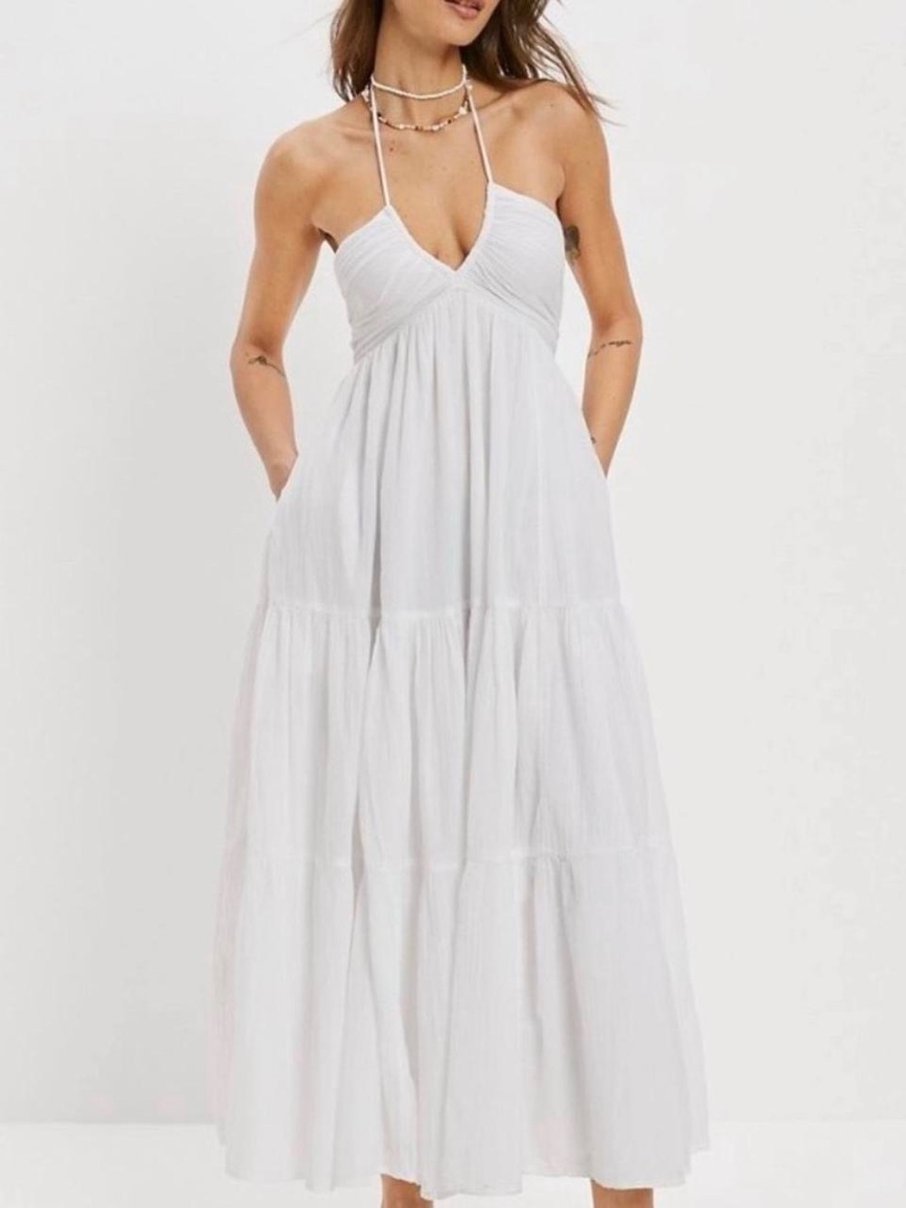 American Eagle Outfitters White Halter Tiered Maxi Dress